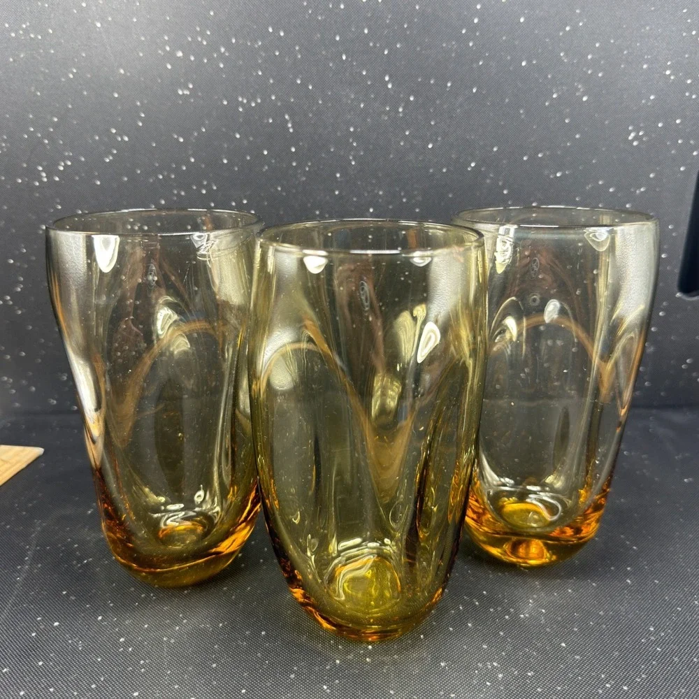 Russel Wright Pinch Amber Glass Tumblers 16oz Mid Century Modern Set of 3 6inch